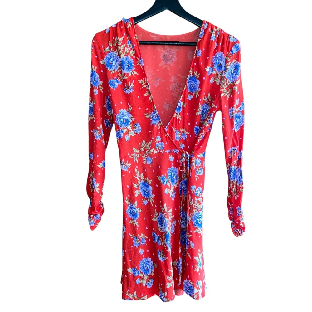 Zara Floral Mini Dress Wrap Long Sleeve Red Blue Polka‎ Dot M - Picture 2 of 12